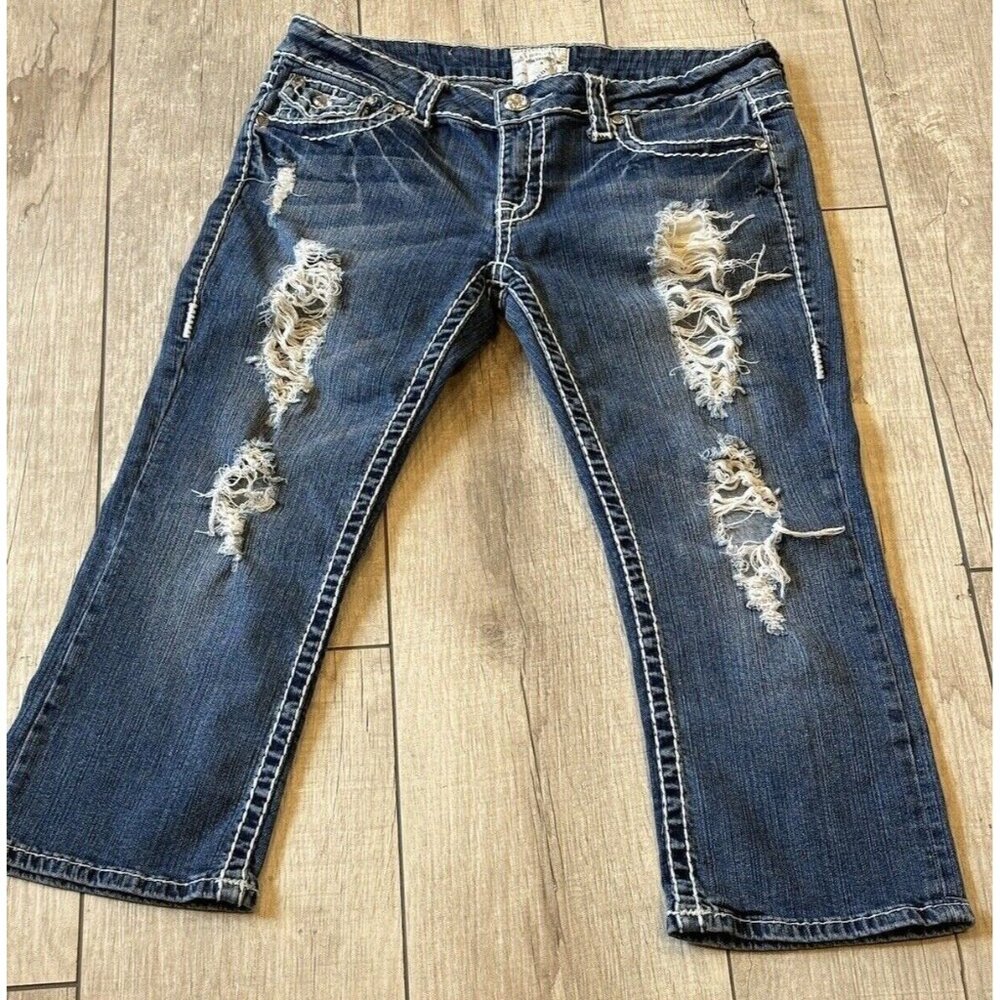 LA Idol Jeans Women’s Size‎ 11 Medium Wash Capri Bling Destroyed Stretch